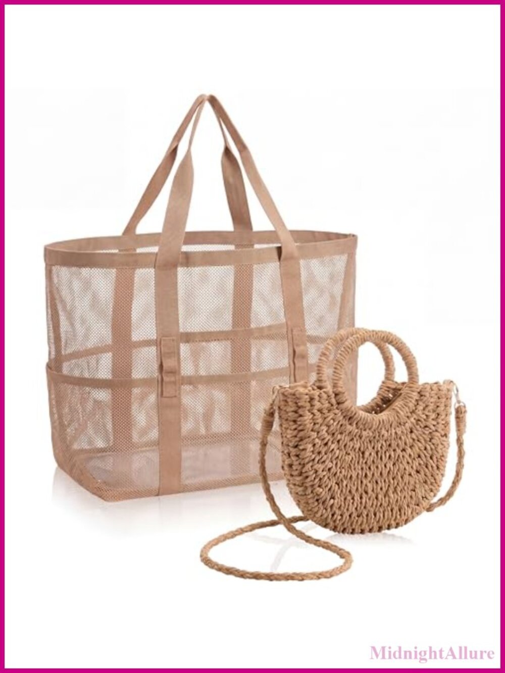 Straw Purse Mesh Beach Tote Bag Set Handwoven Clutch Travel